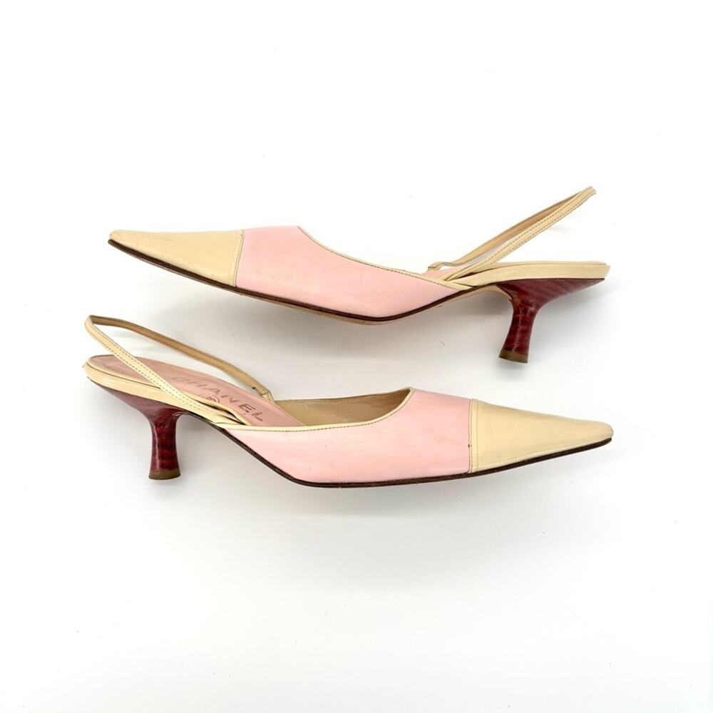 Vintage Chanel Pastel Pink Cap Toe Slingback Kitten Heel Pointed Toe Pumps 36 - Picture 3 of 7